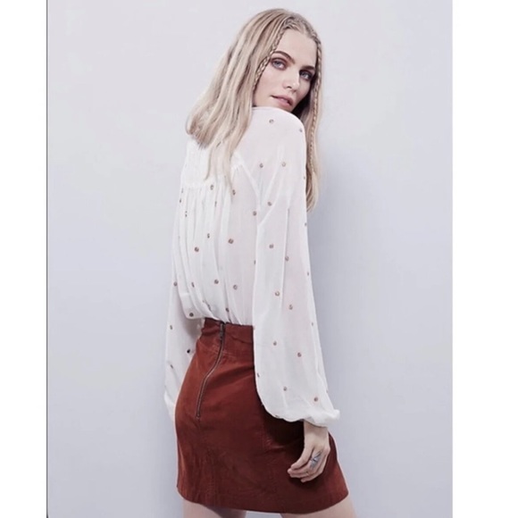 FREE PEOPLE Sheer Cream Metallic Gold Clip Dot Smocked Oversized Tunic Blouse - Picture 8 of 17